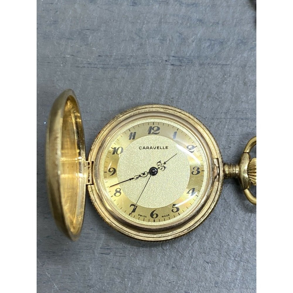 Vintage Caravelle by Bulova Full Hunter Gold-Toned 17J Jewel Ladies Pocket Watch